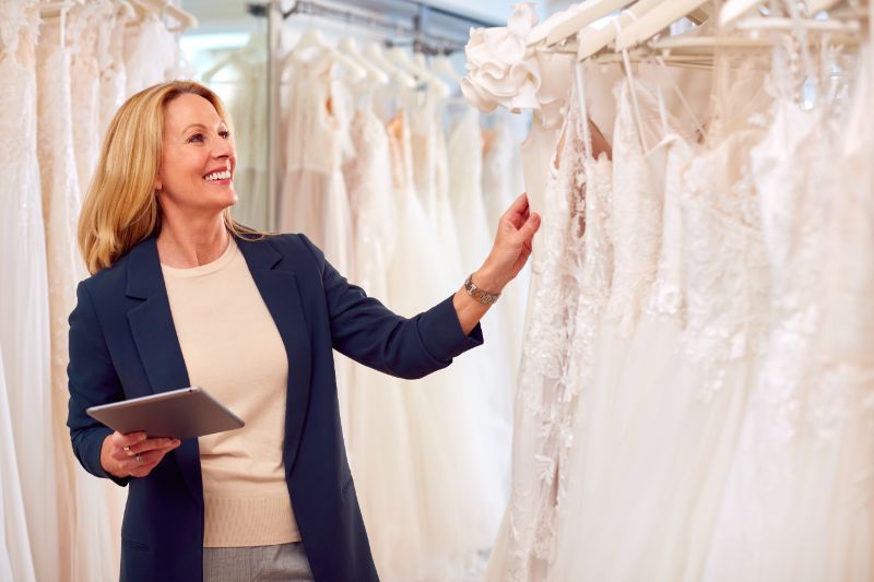 A woman smiling while looking at the wedding dresses